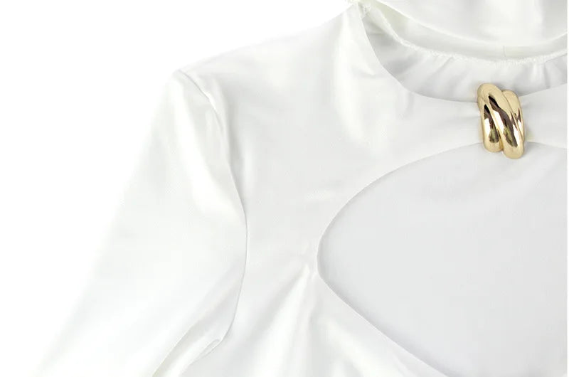 Elegant Cut-Out White Bodycon Maxi Dress – Long Sleeve High Neck Evening Dress for Women