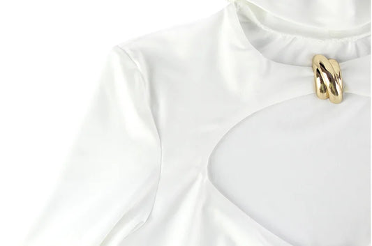 Elegant Cut-Out White Bodycon Maxi Dress – Long Sleeve High Neck Evening Dress for Women