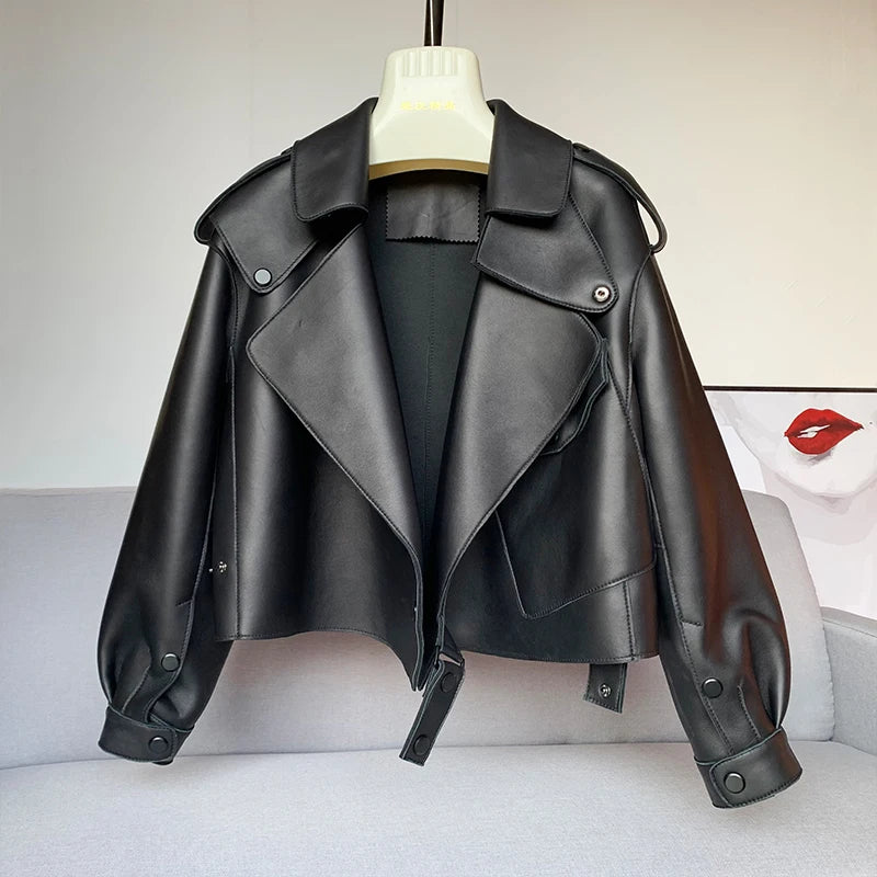Luxury Oversized Sheepskin Moto Jacket – Cropped Structured Biker Coat for Women (Red, Black, Ivory, Emerald Green, Blush Pink, Camel)
