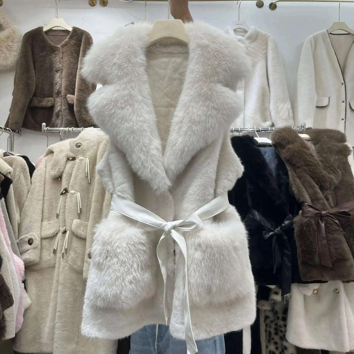 Puffy European Sleeveless Waist Cost Lace-up Design Long Fur Waistcoats/Thick And Warm Women Winter V~Neck Vest.