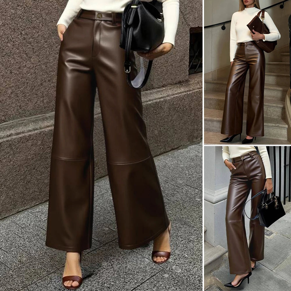 Women's Tailored Leather Pant’s/Chic Fit Wide Leg Wear/High Waist Full Length Straight Leg Trouser’s.