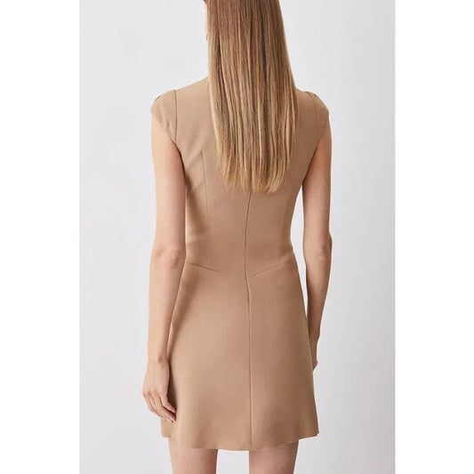 Military Pleated Cap Sleeve Dress/High Neck Patchwork Pleated Hem Mini Dress/A-Line Sleeveless Tassel Dress.