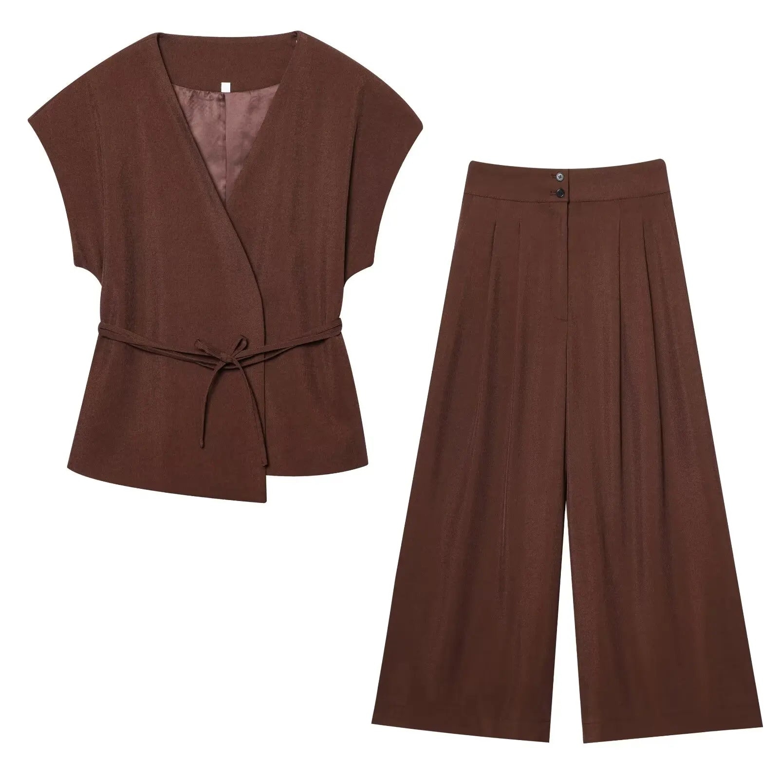 TFMLN Women's Trouser Suit’s/Sleeveless V-Neck/Top With Belt/Straight Pants Set’s/Autumn Commuter 2 Piece Set.