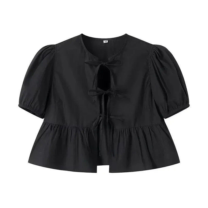 Styled Puff Up Sleeved Ruffle Blouses/Ruffle Ruched Crop Top Female/Polyester Half Sleeve Bow Tie.