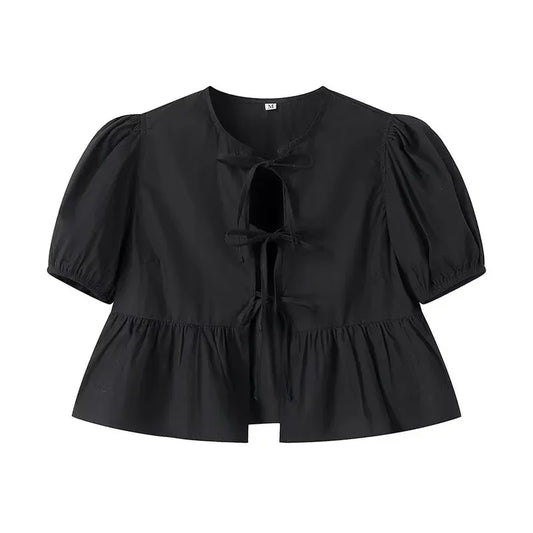Styled Puff Up Sleeved Ruffle Blouses/Ruffle Ruched Crop Top Female/Polyester Half Sleeve Bow Tie.