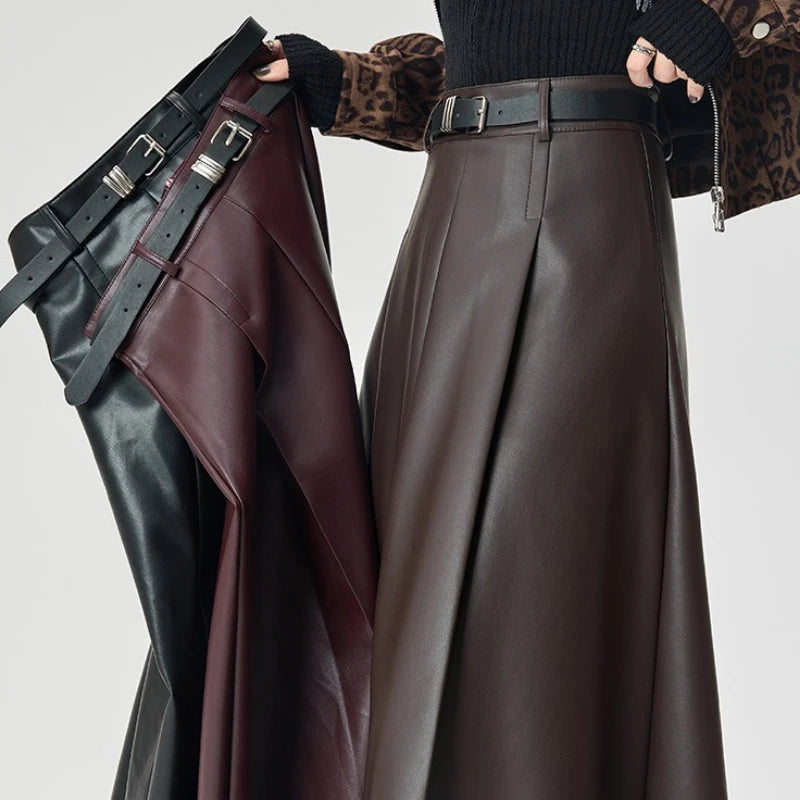 High Waist Vintage PU Leather Women's Umbrella Skirt’s/Belted 2025 New Pleated Autumn Loose A-line Long Skirts Female.