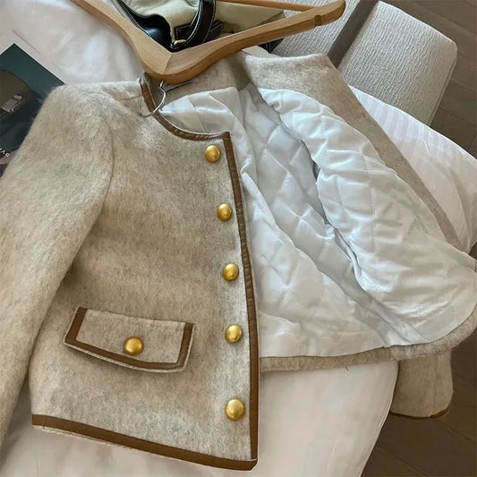 Elegant Cream Wool Cropped Jacket for Women – Vintage-Inspired Button Front Coat