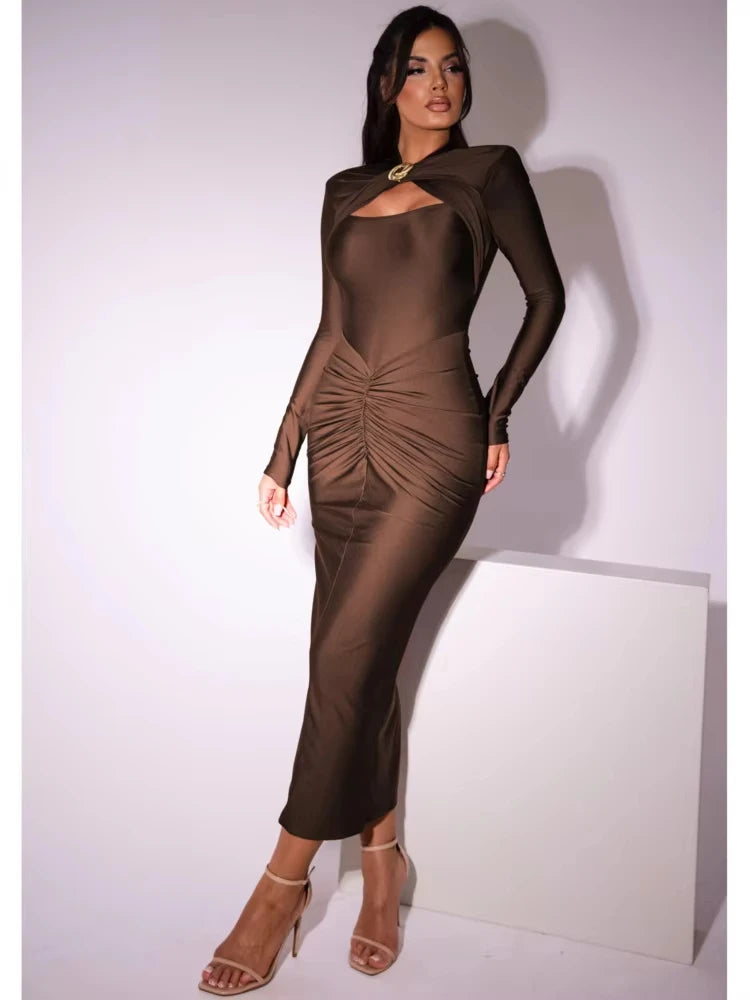 Luxury Champagne Gold Ruched Maxi Dress – Long Sleeve Stretch Satin Bodycon Evening Gown for Women