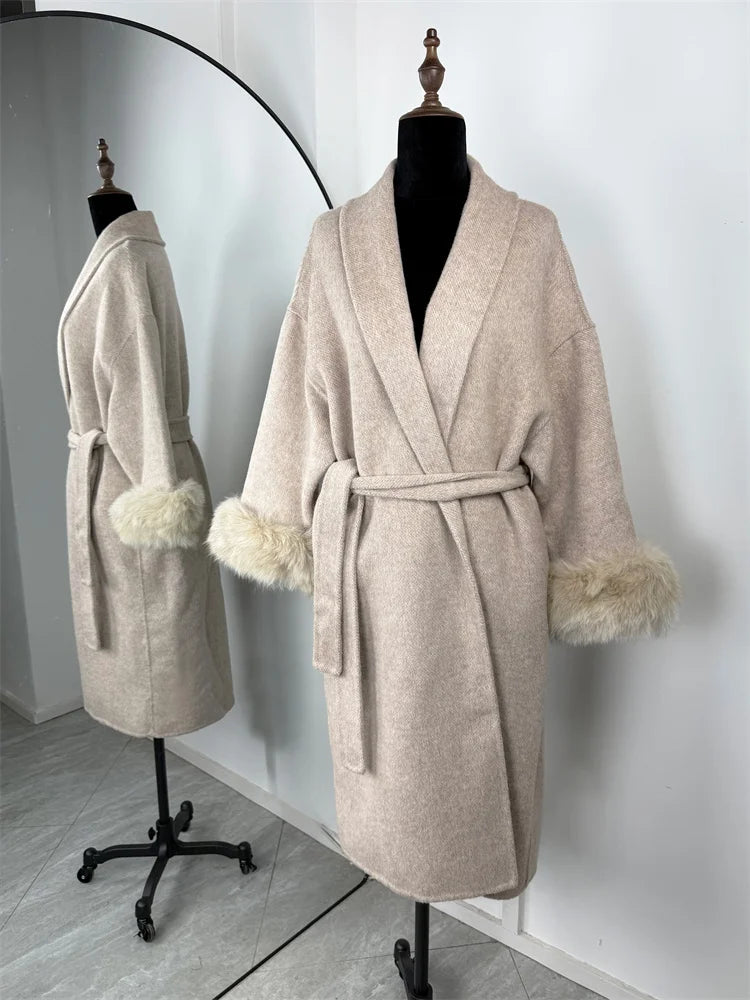 Tossy Fox Fur Overcoat/Short Fitted Cardigan Coat/Elegant Double-sided Woolen Coat.