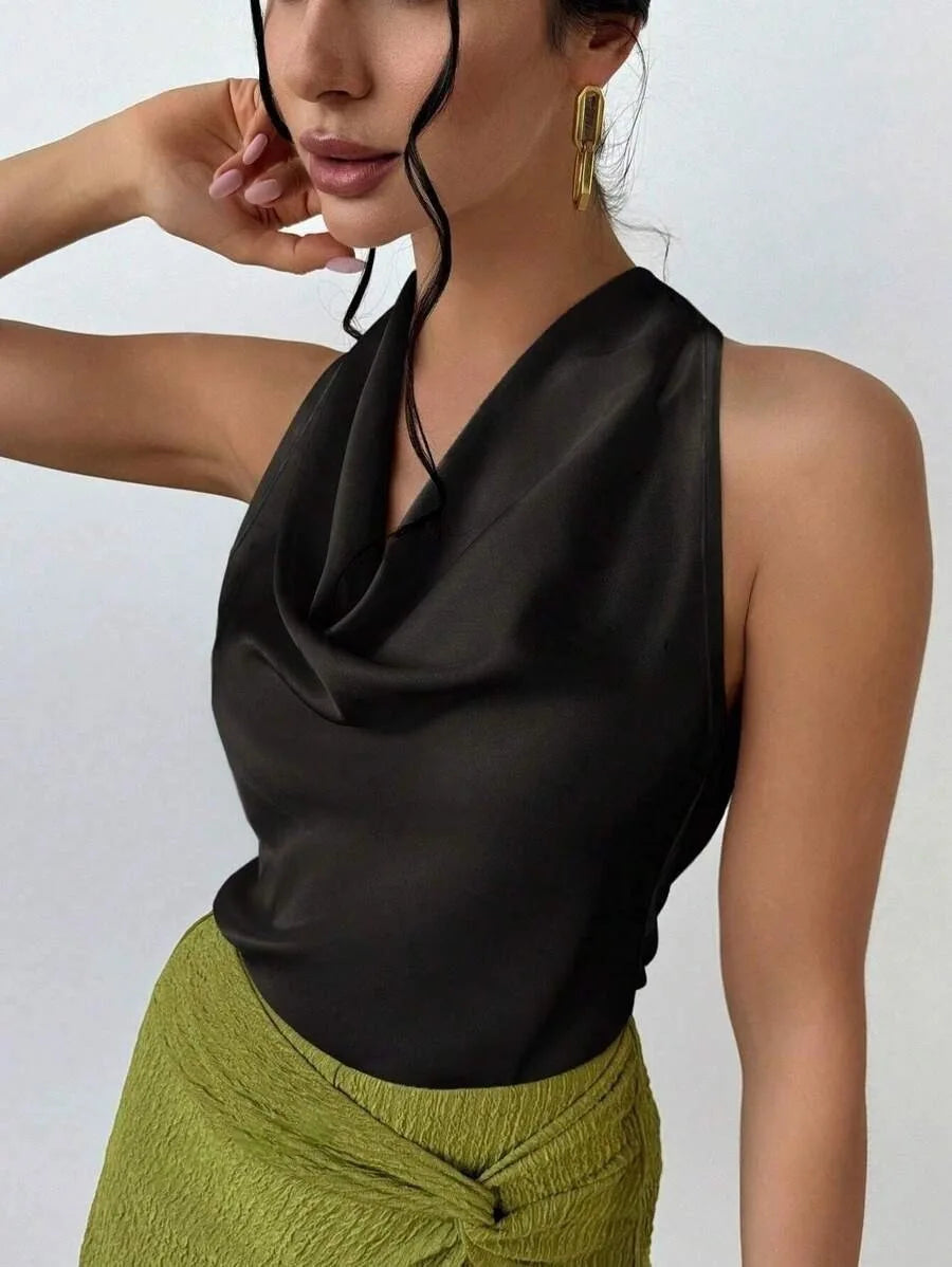 Elegant Satin Halter Blouse for Women – Sleeveless Bow Neck Office Lady Top