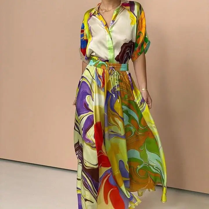 Effortlessly Silk Made Printed Dress/Colored Women Dress/Loose Fit Short Sleeves Shirt Top/Turn Down Collar skirt/2 Piece Sets Set/Tatting Craft.