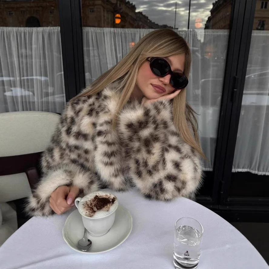 Faux Fur Coat’s/Casual Daily Coat/Turn Down Collar/Full Sleeve Leopard Print/Open Stitch Thick Warm Jackets Street Wear Winter.