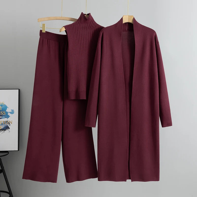 Women’s 3-Piece Knit Cardigan Set | Long Open-Front Coat, Sleeveless Turtleneck Top & Wide-Leg Pants | Fall Winter Lounge & Office Outfit