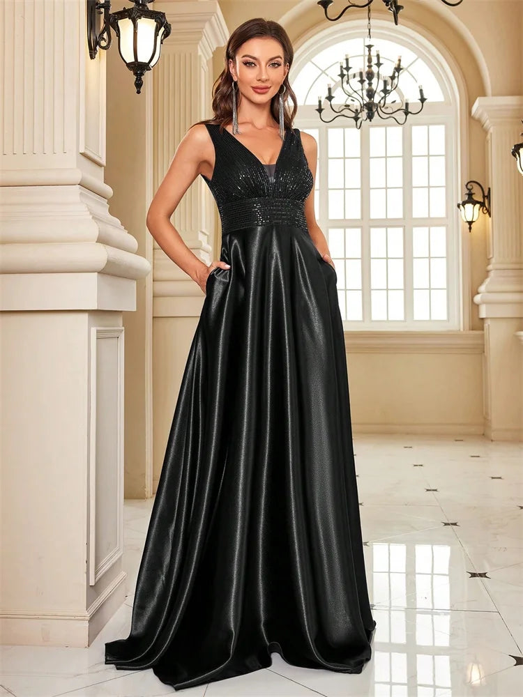 Elegant Sequin Evening Dress/Deep V-neck Satin Prom Party/Dress Floor Length/Formal Gowns.