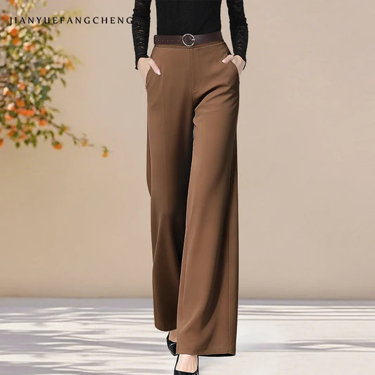 Refined Brown Wide Leg Pant’s For Autumn/High Waist Straight Long Trouser’s Business Formal.