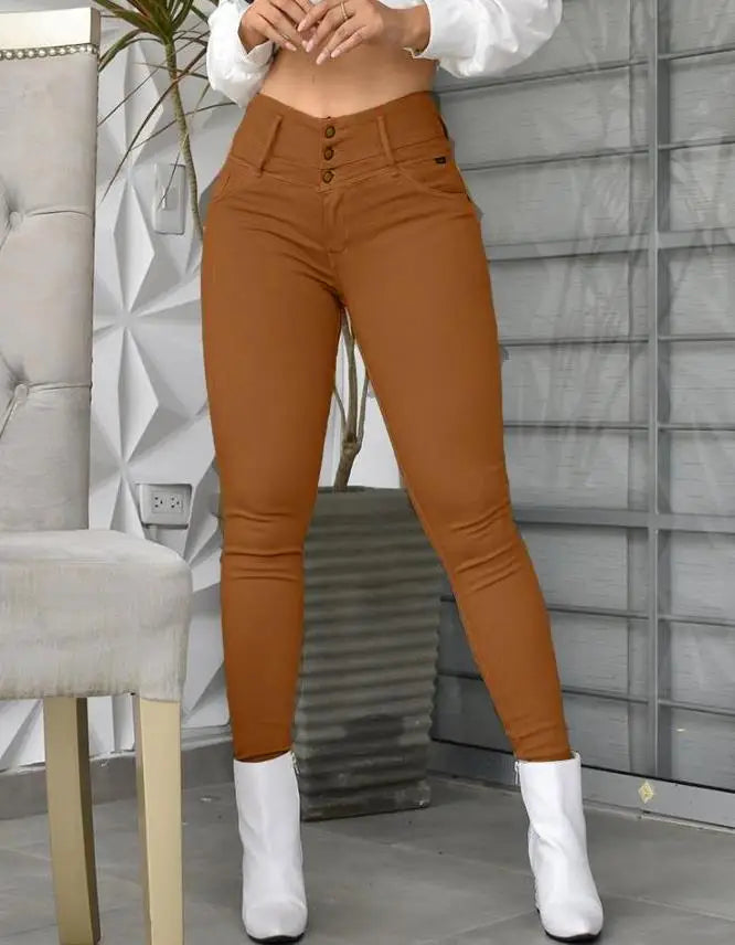 Elegant High Waist Pant’s/Fashion Versatile Casual Solid Color/Button Tight Trouser’s/Ankle Length Pant’s.