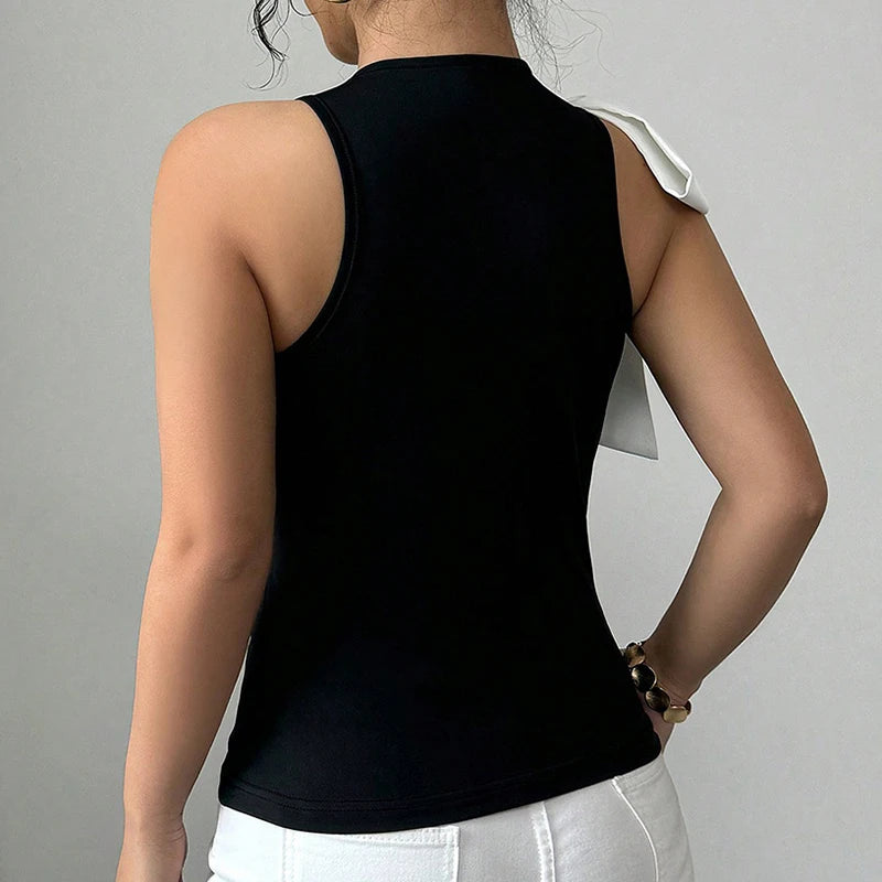 Elegant Black Bow Blouse/O~Neck White Stylish Decoration/Sleeveless Skinny Fit Slim Tank Top.