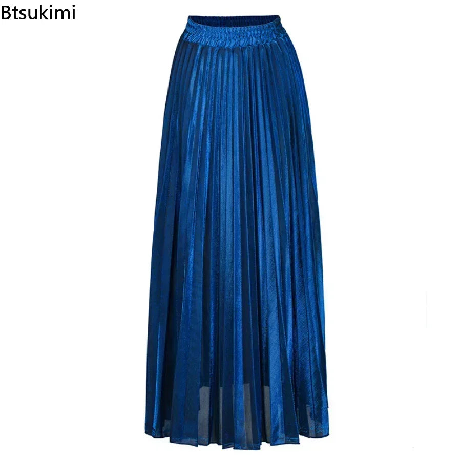 Bright Silk Metal Skirt/Color Pleated Maxi Skirt/Elastic High Rise Swing/Holiday Celebration Event.