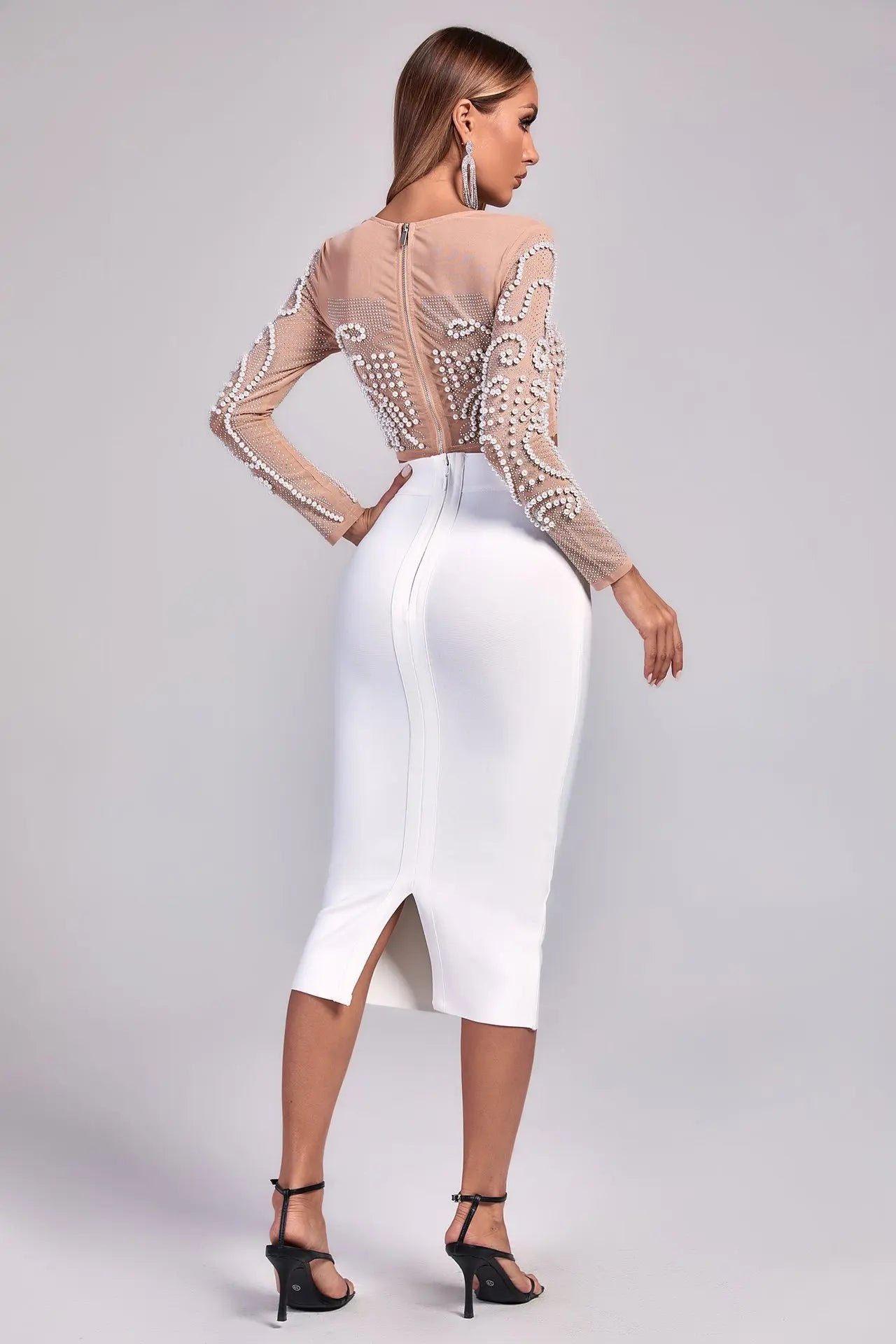 Luxe Pearl Embellished Crop Top & Midi Skirt Set