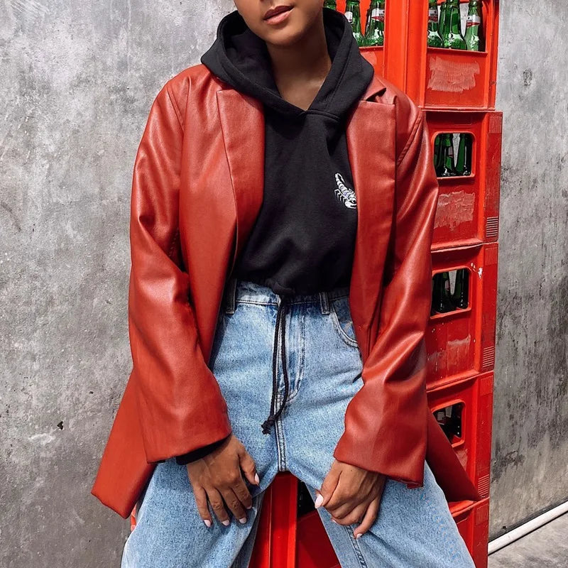 Women’s Oversized Vegan Leather Blazer – Single Breasted Faux Leather Jacket with Pockets