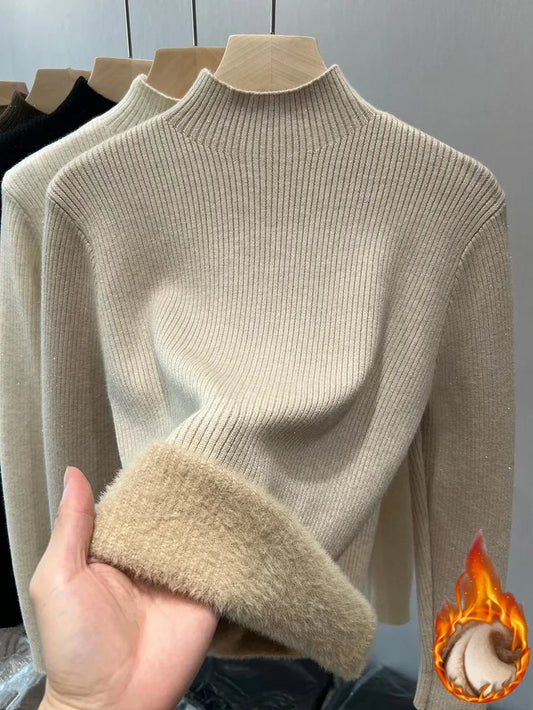 Solid Neck FleeceTurtleneck/Winter Sweater Women Elegant/Thicken Velvet Lined Warm Sueter Knitwear Jumper.