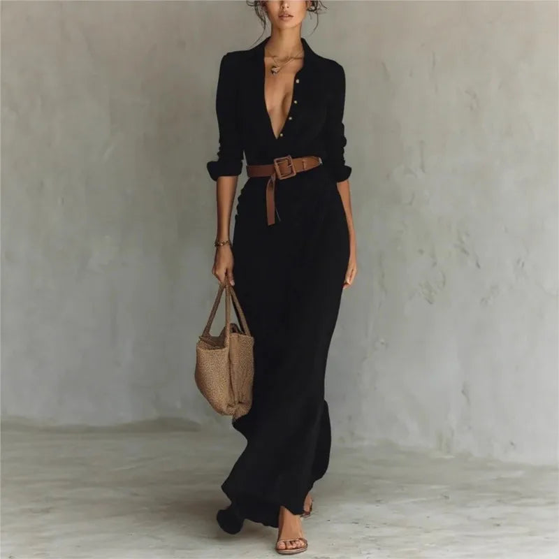 Fashionable Solid Elegant Dress/Lapel Button Draped Dress/Long Dress Casual Long Sleeve Match With Belt Shirt.