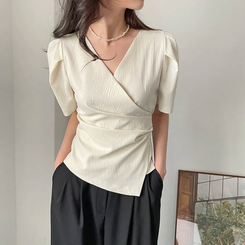 Solid Tucked V Neck Slim Blouse/Elegant Short Sleeve Asymmetrical Top For Women Hot Sale.