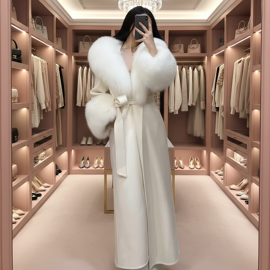 Stylish Cream-colored Long Wool Coat With Faux Fur/Collar and cuffs, Featuring A Self Tie Belt.