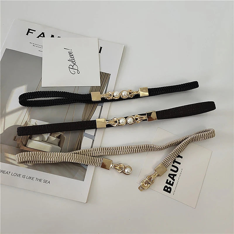Elegant Double Pearl’s/Elastic Buckle Women Belt’s/Black Thin Straps Lady Girl Dress Skirt Decor Waistbands.