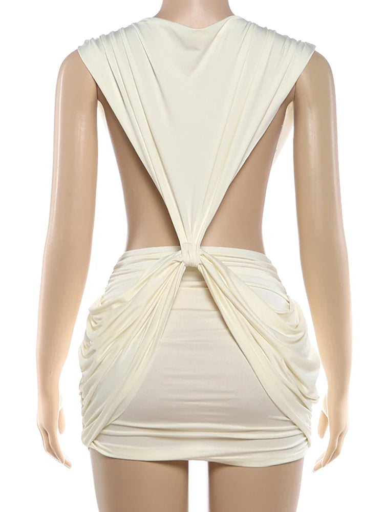 Timeless Deep V-Neck Ruched Bodycon Mini Dress – Elegant Sleeveless Stretch Party Dress for Women