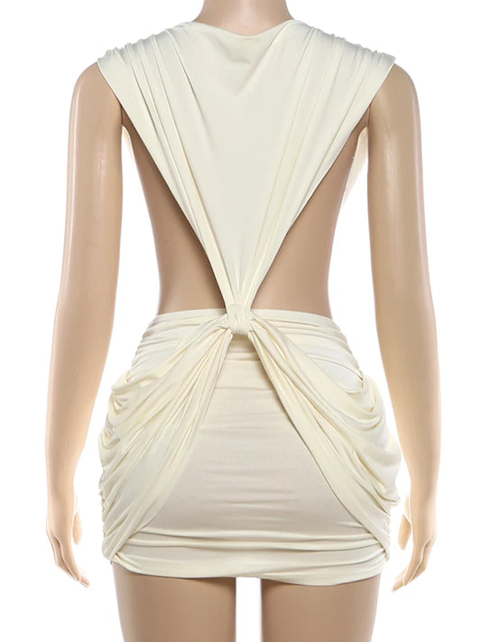 Timeless Deep V-Neck Ruched Bodycon Mini Dress – Elegant Sleeveless Stretch Party Dress for Women