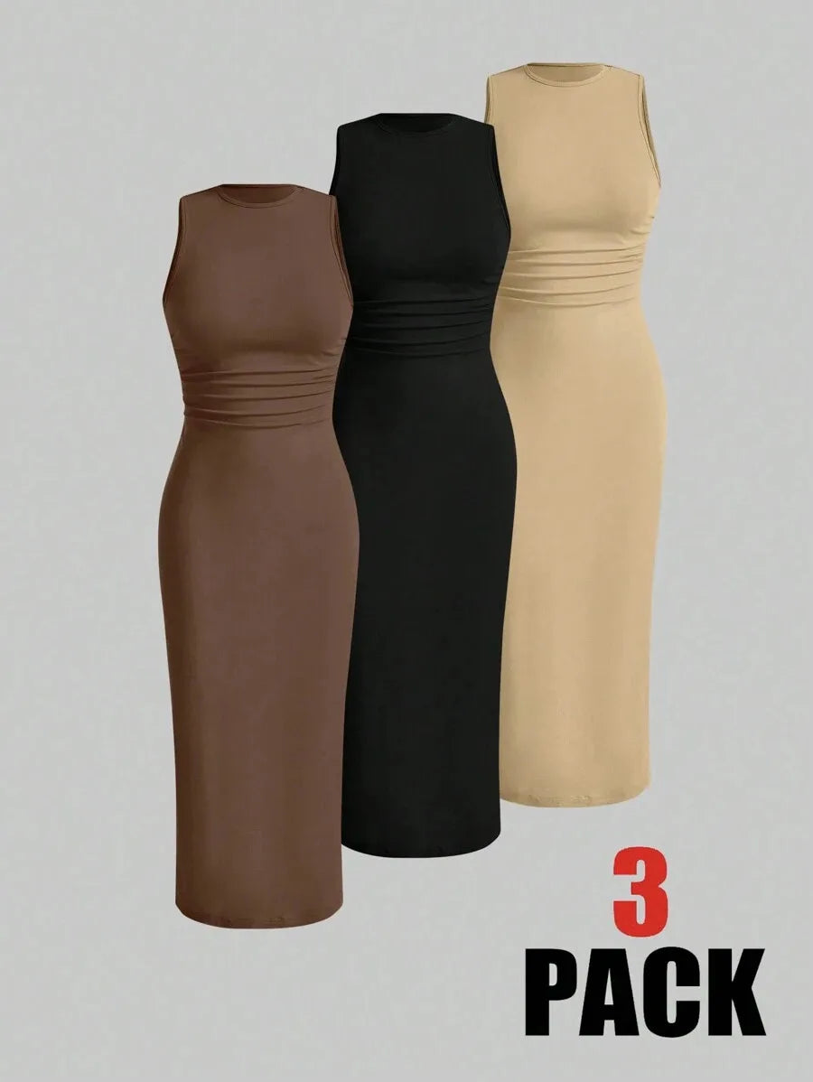 Modern Blend Boutique | Sculpted Suede Midi Dress – High Neck Bodycon Waist Cinch Elegant Minimalist Dress (3 Color Set Available, In packs)
