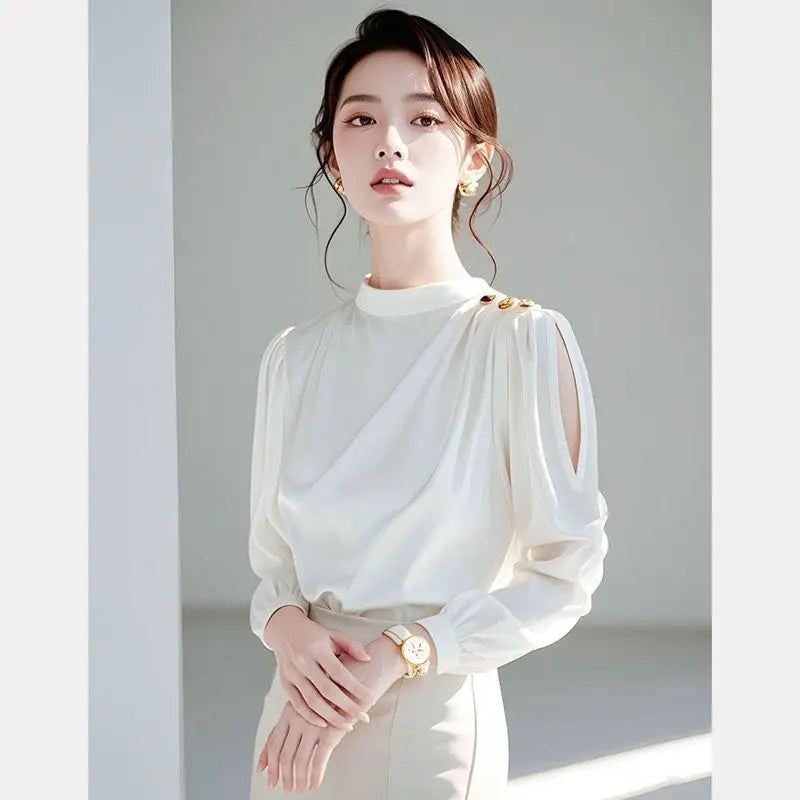 Luxury Ivory Chiffon Blouse with Gold Button Shoulder & Sheer Sleeves