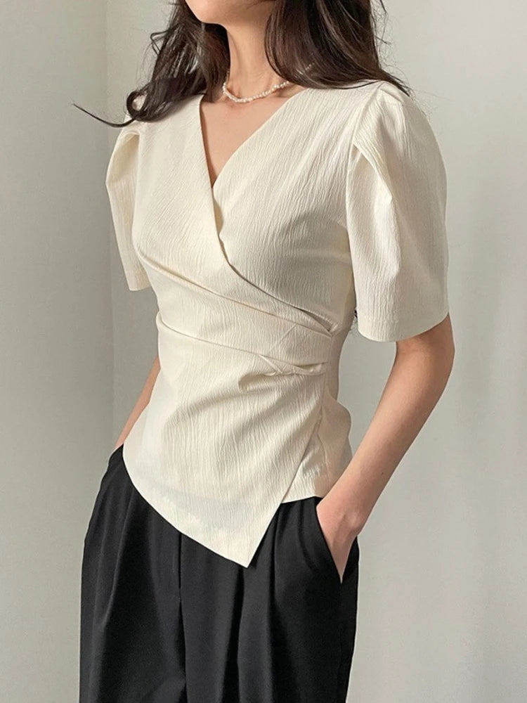 Solid Tucked V Neck Slim Blouse/Elegant Short Sleeve Asymmetrical Top For Women Hot Sale.