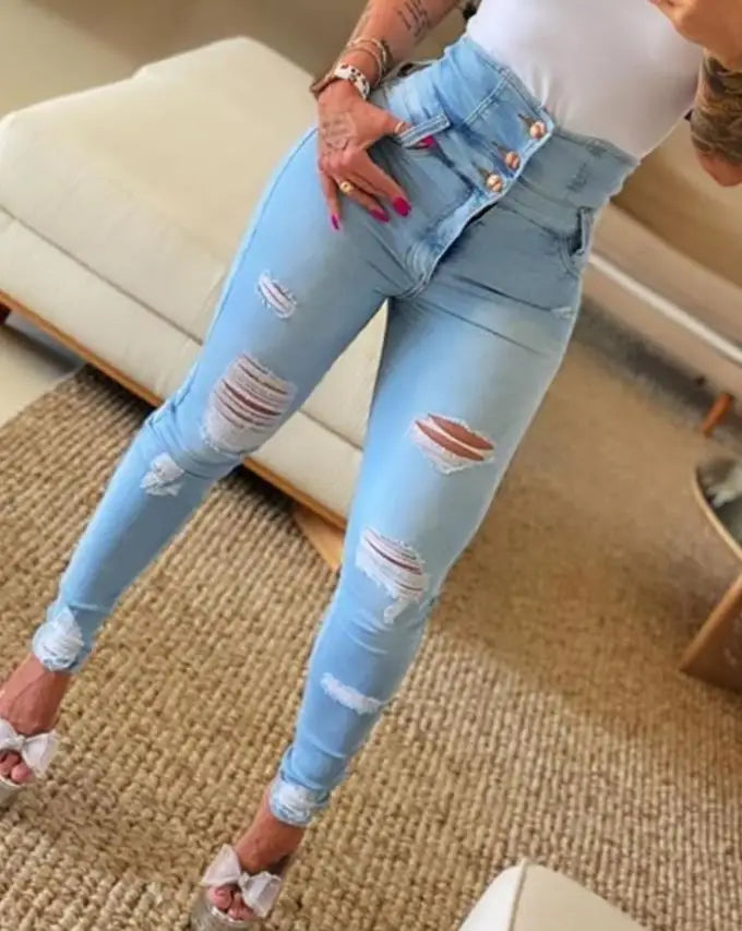 Trend Autumn Fashion High Waist/Buttoned Cutout Ripped Casual/Skinny Plain Pocket Design Daily Long Jeans/Non~Stretch.