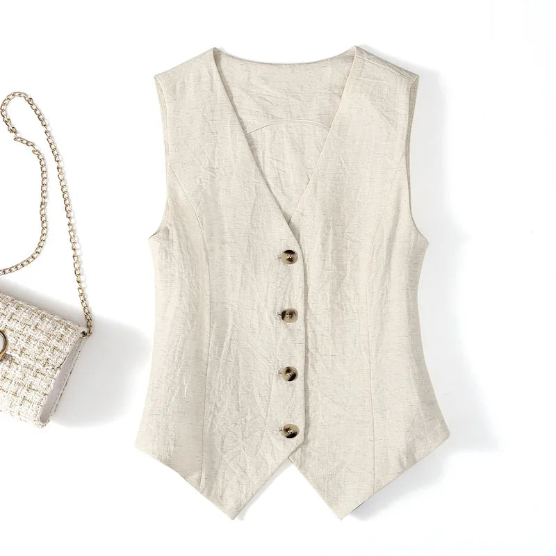Modern Button Down Linen waistcoat/High end slim-fit short sleeveless suit V-neck vest clip