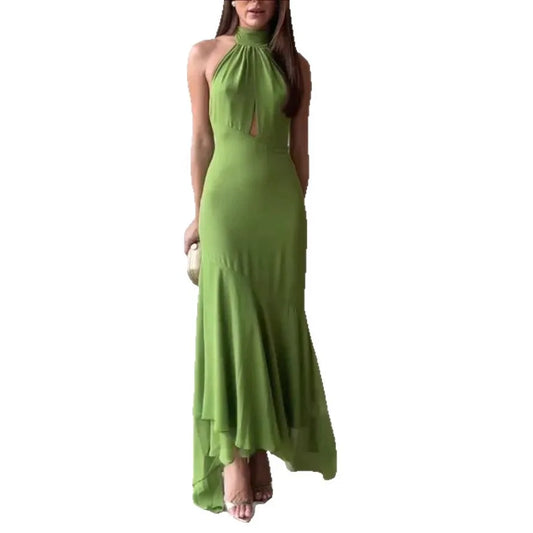 Elegant Olive Green Halter Maxi Dress for Women – Backless Lace-Up Asymmetrical Hem Evening Party Gown | Modern Blend Boutique