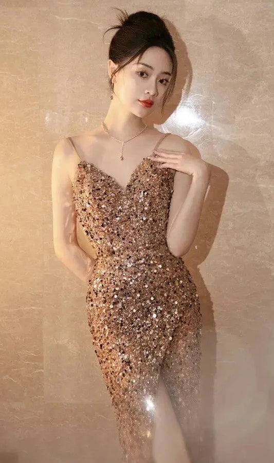 Luxury Gold Sequin Evening Gown – Elegant High Slit Bodycon Maxi Dress for Formal Events & Red Carpet Nights
