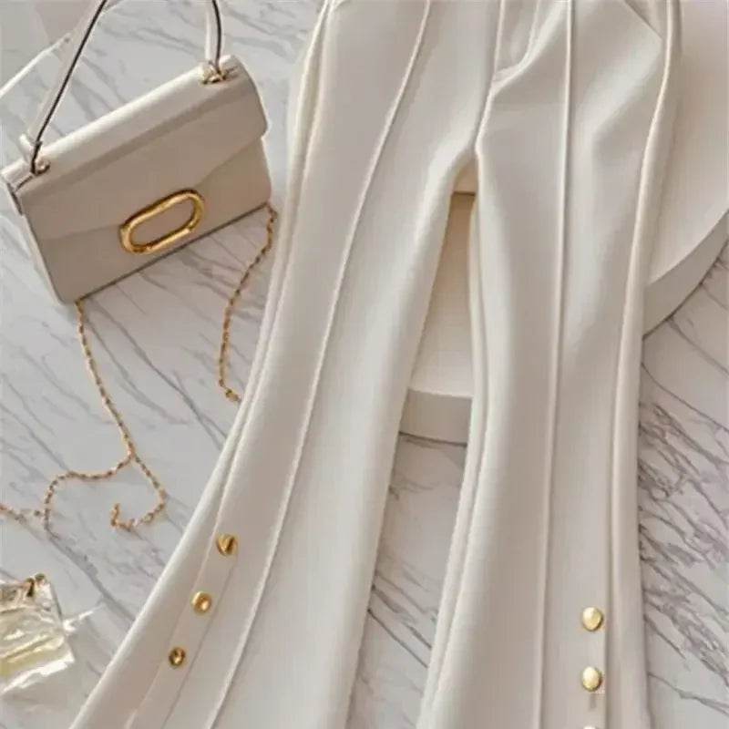 New Luxury Slim Pant’s/High End Fashion Design Button’s/Elegant White Flared Trouser’s/High Waist Lady Bottom Wear.