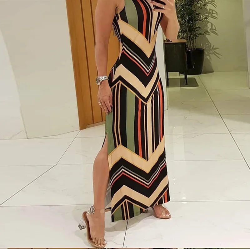 Sleeveless Geometric Stripe Maxi Dress for Women | Colorblock Chevron Bodycon Long Dress