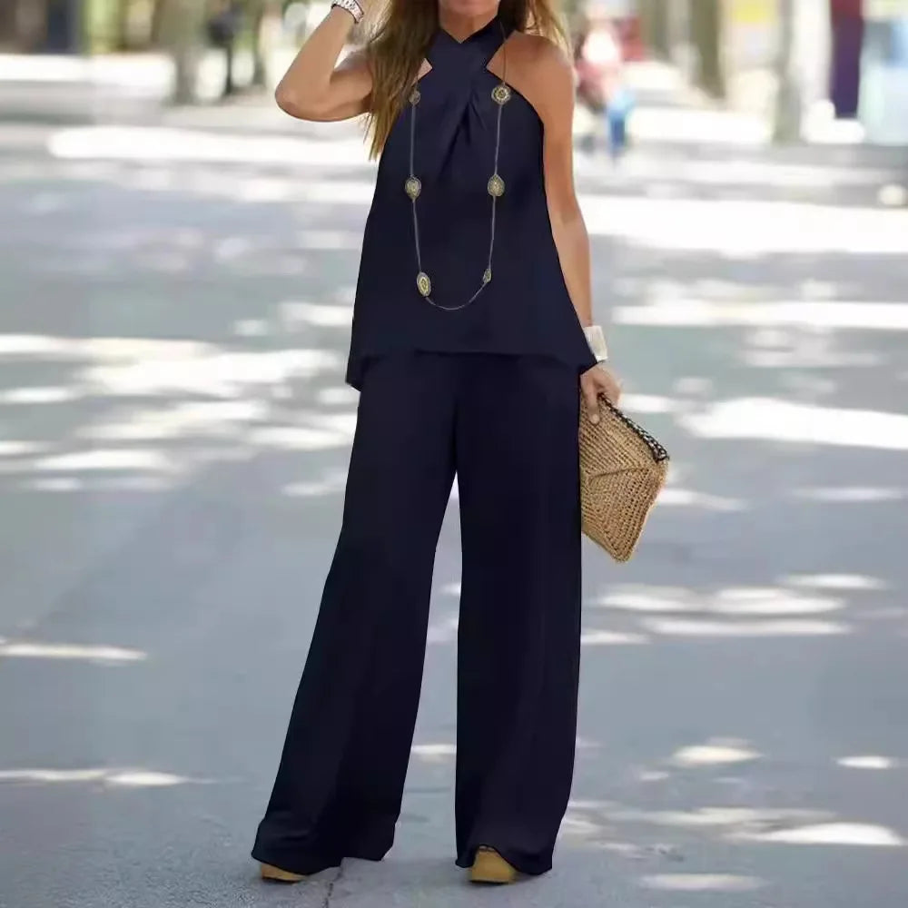 Effortlessly Halter Neck Solid Color Sleeveless Suit Wide Leg Pants Trousers Two-piece Suit.