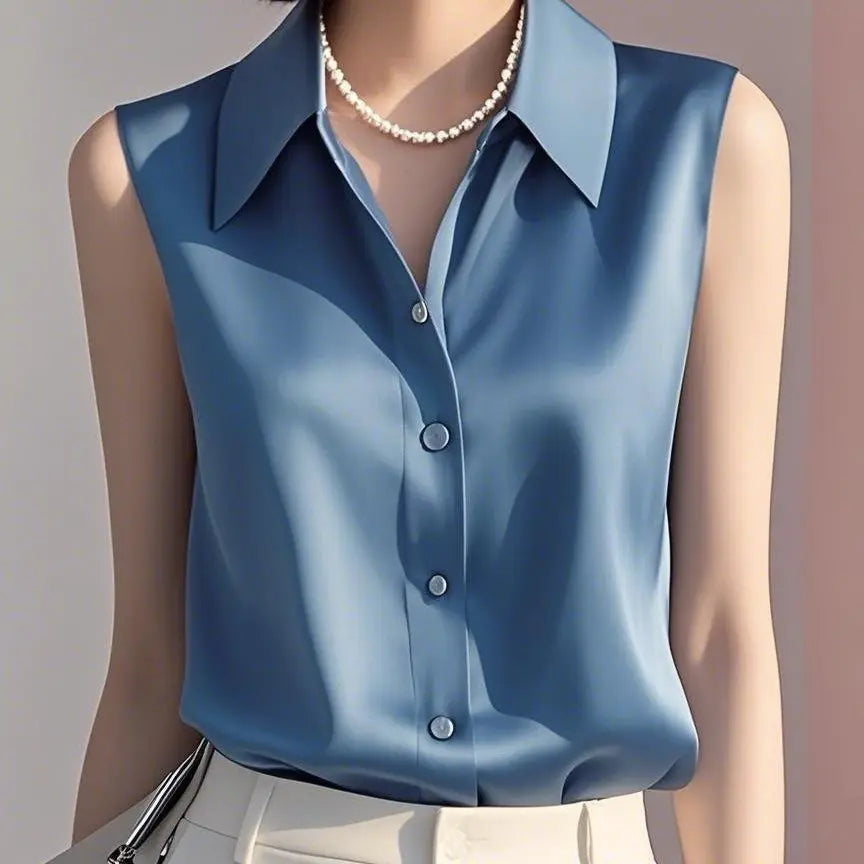 Sleeveless Satin Blouse for Women – Elegant Button-Front Top