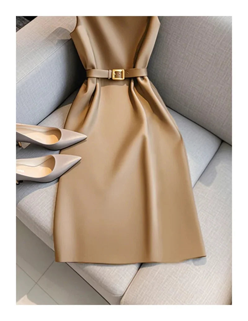 New French Luxury Summer Dress Women Elegant Sleeveless High Waist Satin Formal Dress Fashion Party Vestidos with Belt High End