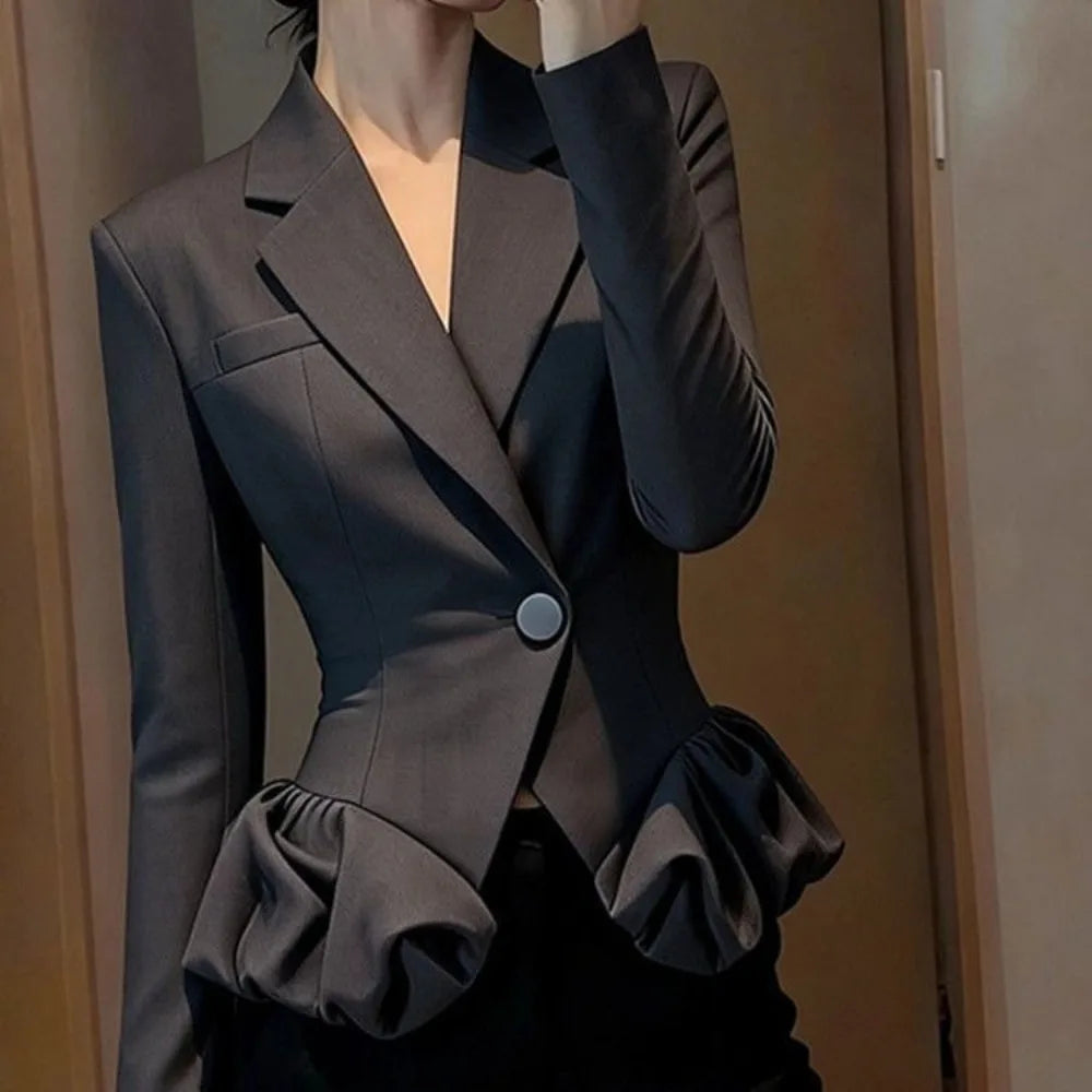 Elegant Peplum Waist Blazer – Women’s Tailored Ruffle Sleeve Jacket | Modern Blend Boutique