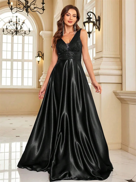 Elegant Sequin Evening Dress/Deep V-neck Satin Prom Party/Dress Floor Length/Formal Gowns.