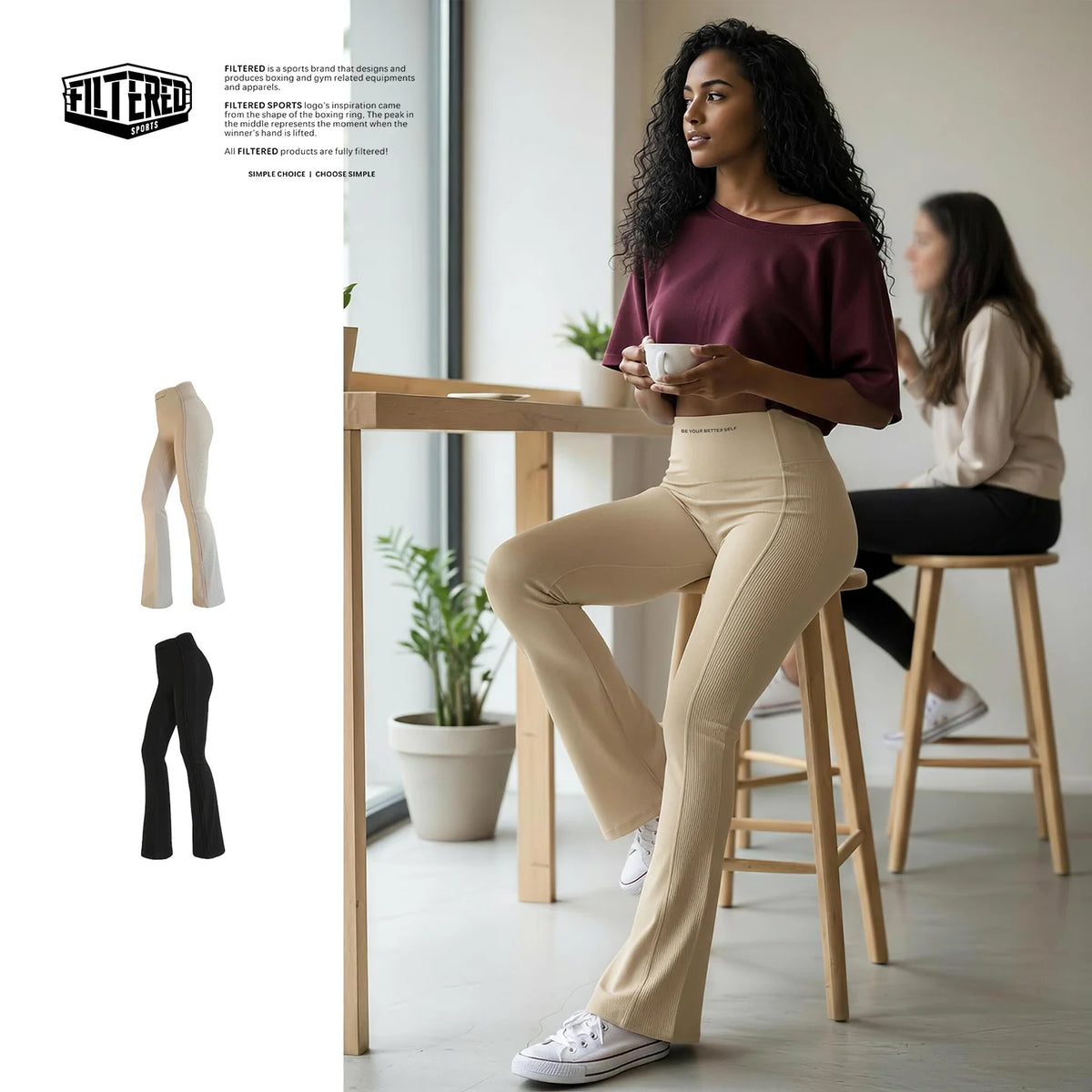 “High-waisted sculpting flare yoga pants with dual-curve construction and moisture-wicking stretch fabric.”