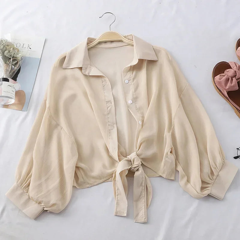 Chiffon Button Down Sleeves/Casual Loose Hollow White Clothes/Elegant Solid Color Tied Waist Blouse/Women Half Sleeve Button Chiffon Shirt.
