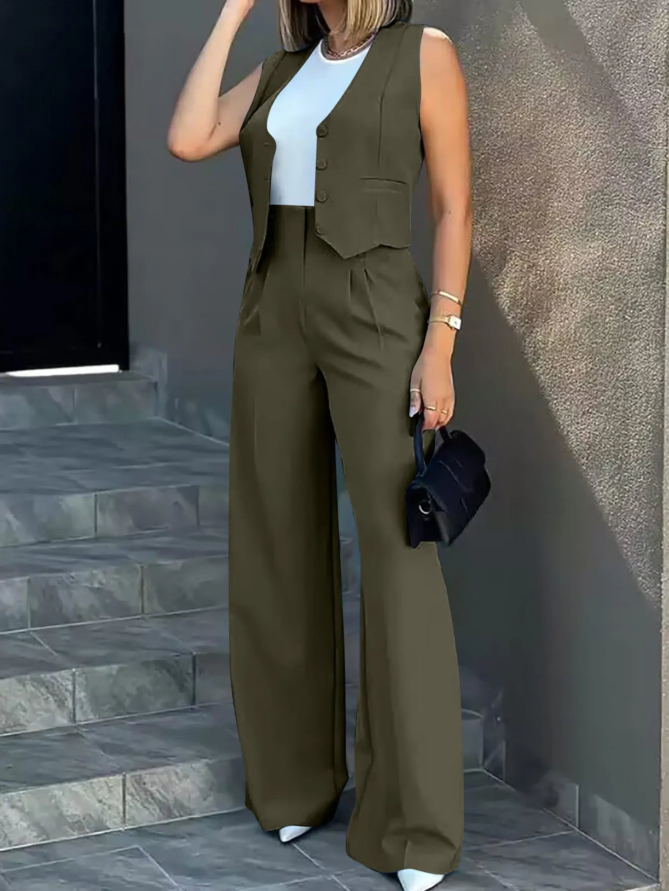 Trousers Suit Women's Vest Suit/Elegant Loose Regular Work Suit/High Waist Wide-leg Trousers 2-piece Street Suit.