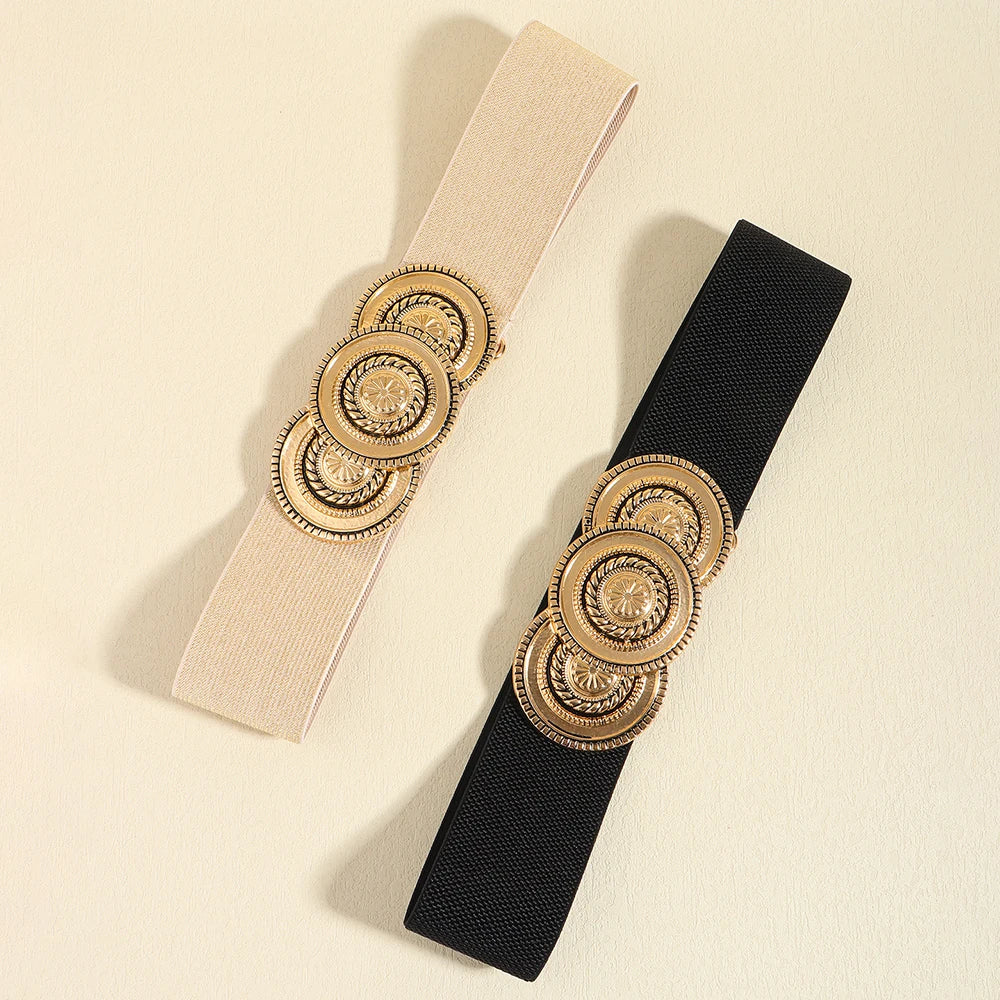 Luxury Wide Elastic Waist Belt for Women – Gold Statement Buckle Stretch Fashion Belt