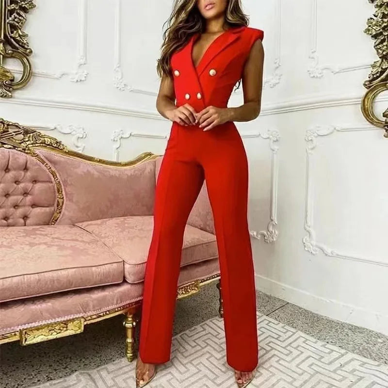 Classy Buttoned Sleeveless Jumpsuit/Houndstooth Printed Jumpsuit/Deep V-Neck Buttoned/Straight Jumpsuit New Elegant Commuting.